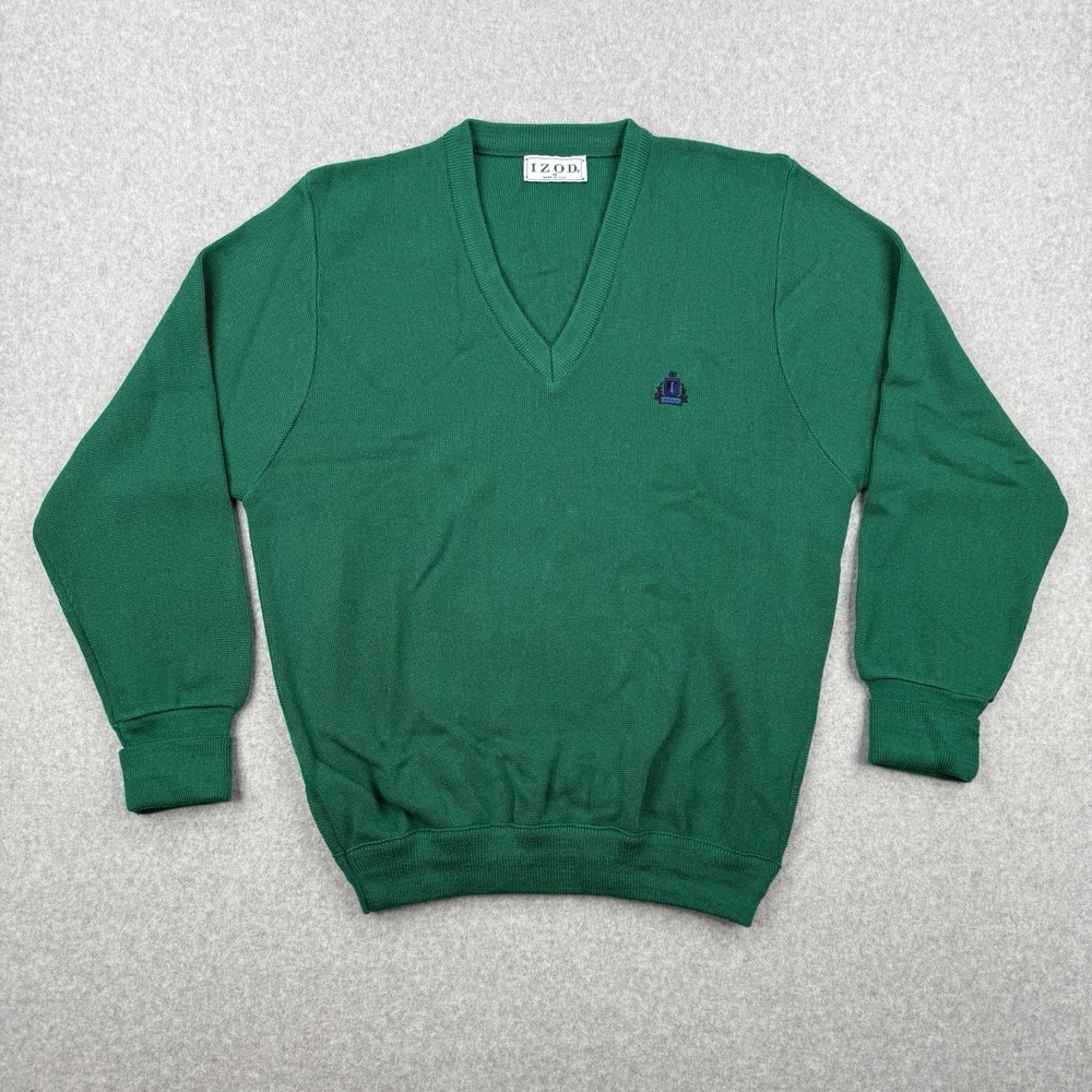 Vintage Izod Sweater Mens Medium Green Knit V Neck Jumper Acrylic Made In‎ USA
